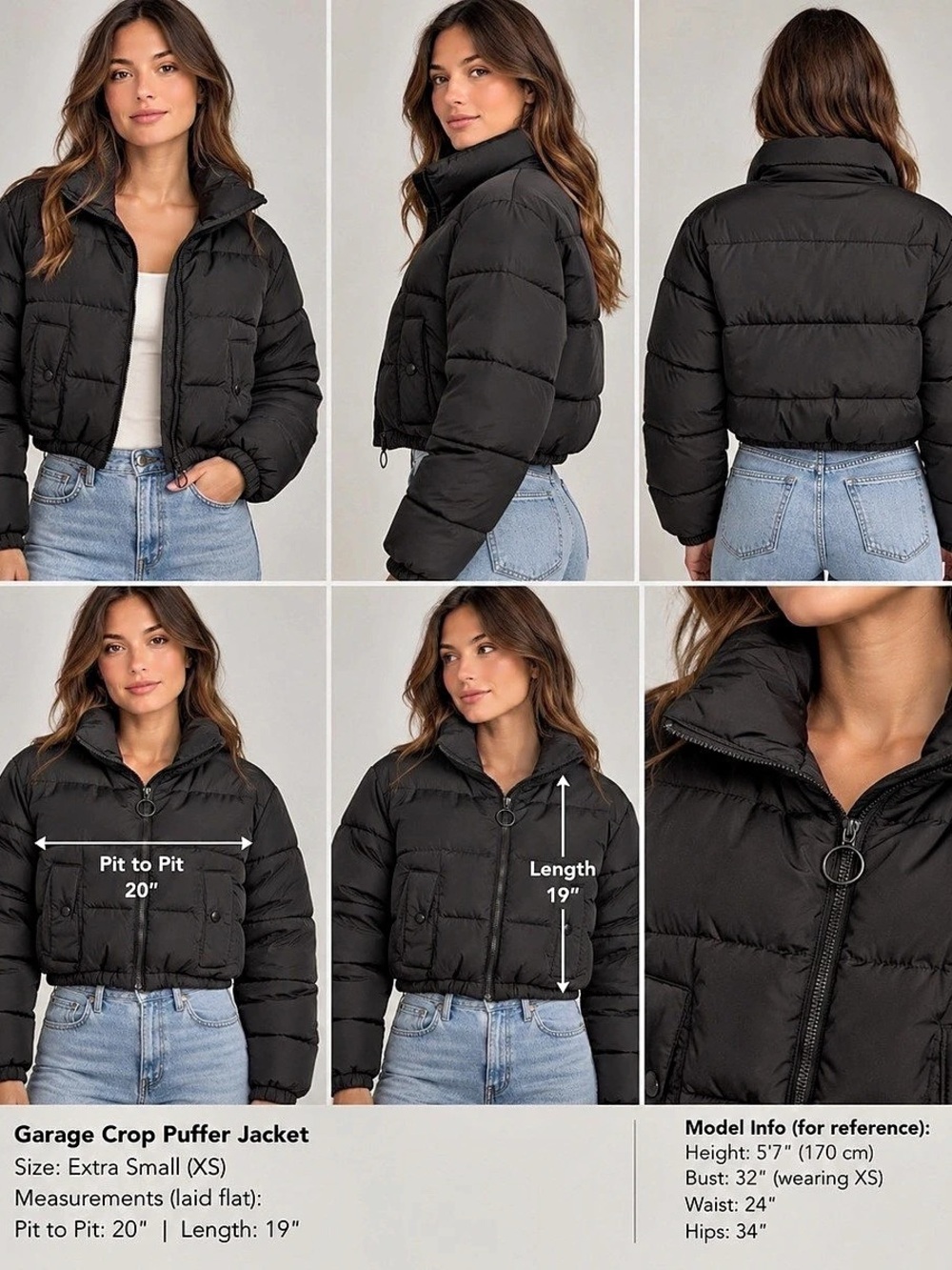 Garage Crop Puffer Jacket Black Cropped Size XS